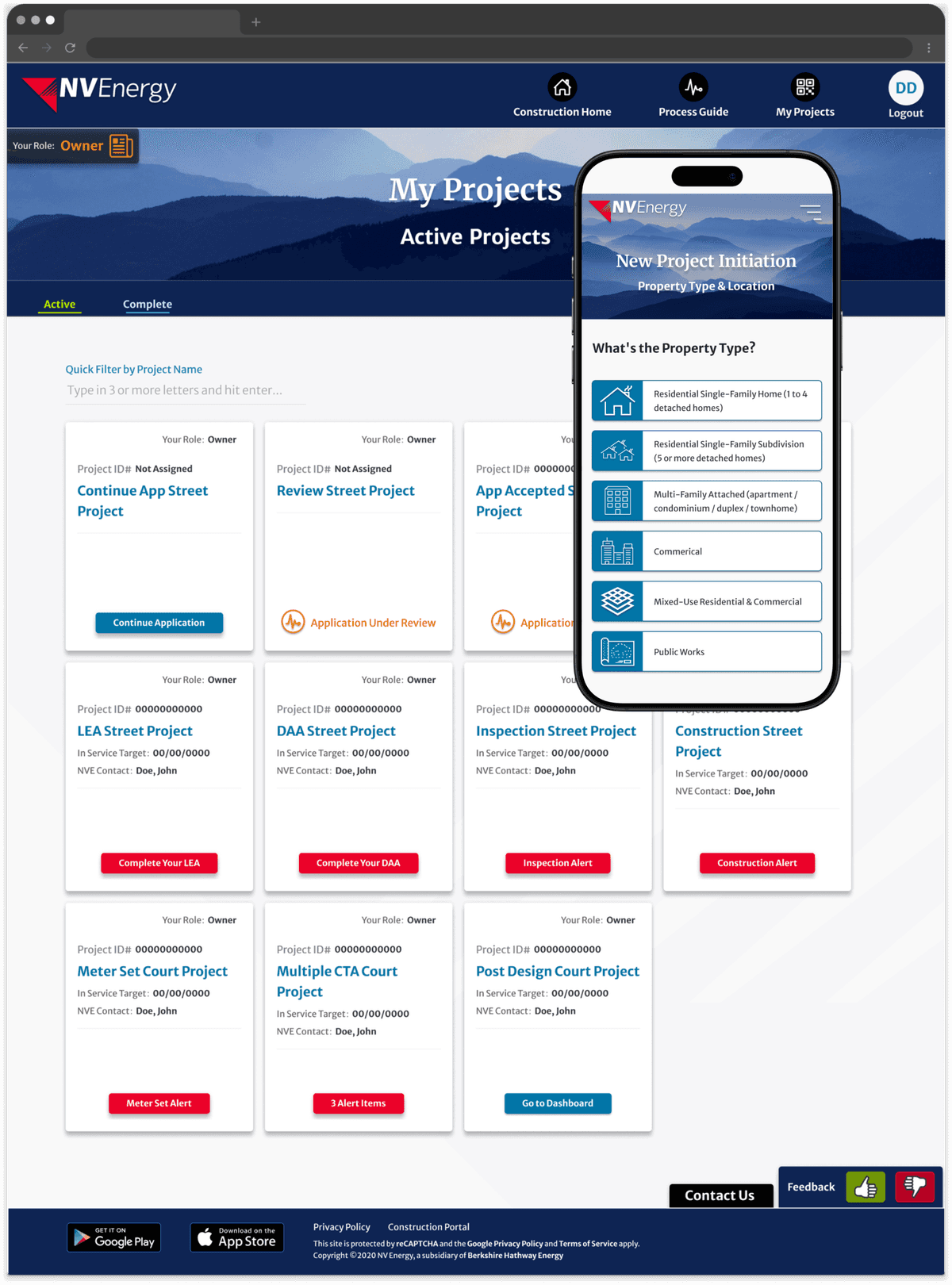 A dashboard titled My Projects – Active Projects shows multiple project cards with names, statuses, and colored buttons for actions like Complete Final TSA and Continue Alert. A blue mountain image appears in the header.