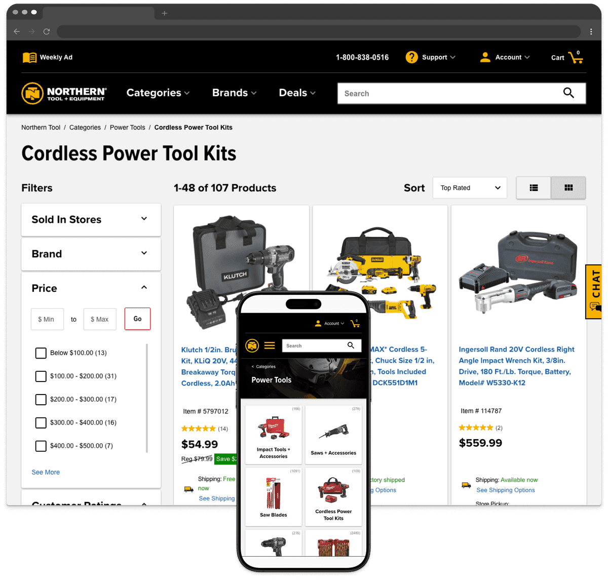 Webpage showing cordless power tool kits for sale, with filters on the left and product listings (Klutch, DEWALT, Ingersoll Rand) on the right. Each product displays its price, image, and key features.