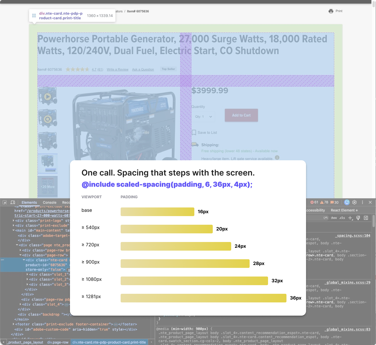 Illustration of how the scaled-spacing() scss mixin is creating stepped padding on the Northern Tool and Equipment site.